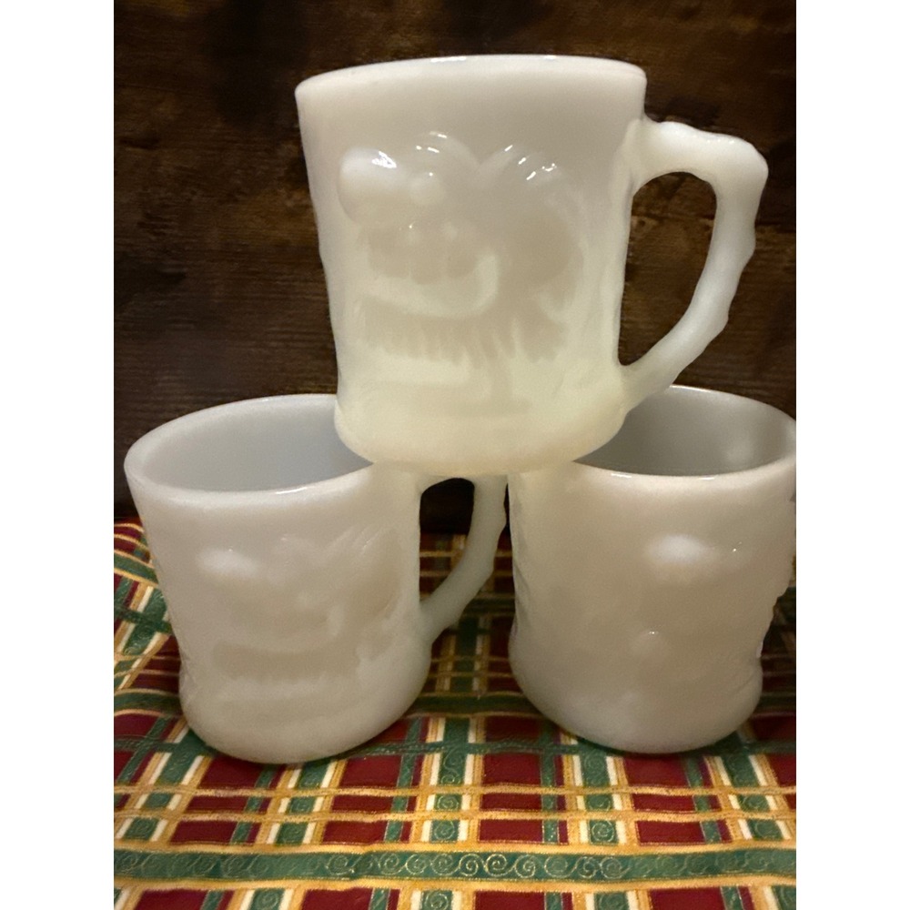 Lot of 3 Comic GROG Milk Glass Mug Coffee Cup Caveman Johnny Hart Fire King